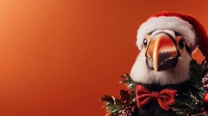 A toucan wearing a Santa hat and a Christmas wreath, adorned with red berries and pine, set against...