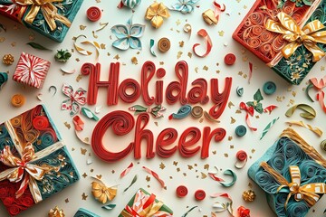 Holiday Cheer Phrase Surrounded by Quilled Gift Boxes and Confetti in Festive Paper Quilling Style