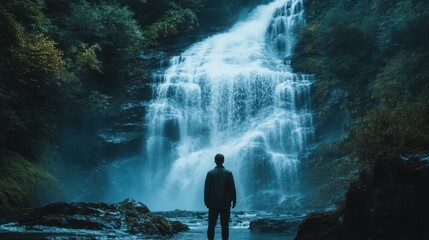 Obraz premium Majestic Waterfall and Solitary Figure: A Tranquil Scene in Nature