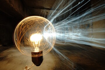 Obraz premium Glowing Light Bulb with White Light Streaks in a Dark Room