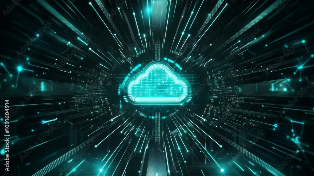Poster A glowing blue cloud symbol sits in the center of a dark background, surrounded by glowing lines that resemble data streams.