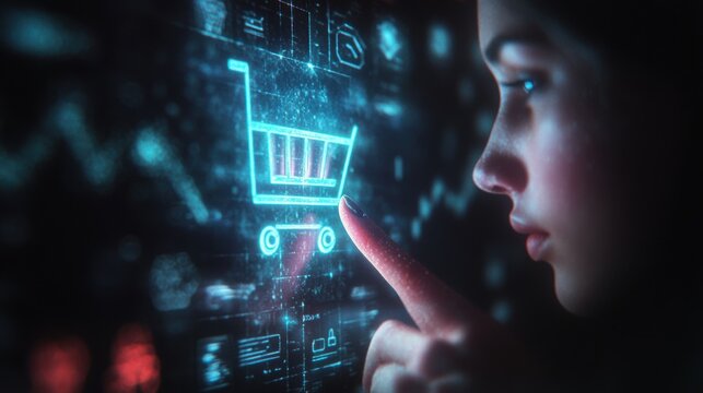 Glowing shopping cart hologram digital sale promotion poster design for holiday shopping season.