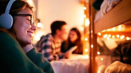 Obraz premium Friendship and Fun in a Cozy Hostel Room with Bunk Beds