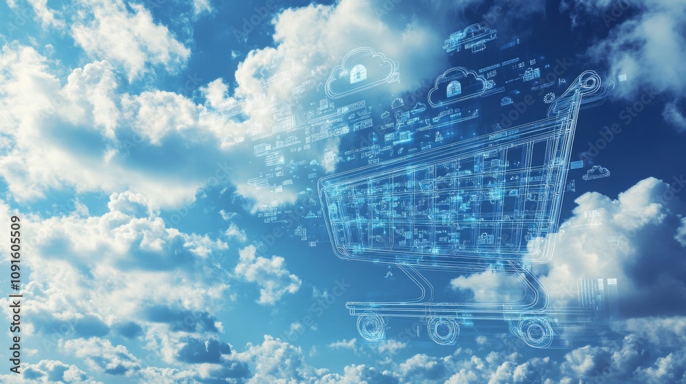 Poster A wireframe image of a shopping cart is displayed against a blue sky with white clouds. The cart is floating in the air, surrounded by various symbols and icons related to online shopping.