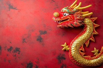 Obraz premium Golden dragon on a red textured background, Asian symbol.