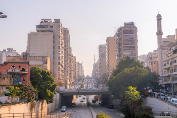 The traffic on the road in downtown Beirut, the capital of Lebanon, during the evening.
