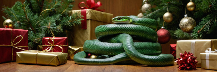 Fototapeta premium Green snake among Christmas presents and pine branches, symbolizing 2025 New Year. Festive scene with wrapped gifts and holiday decorations