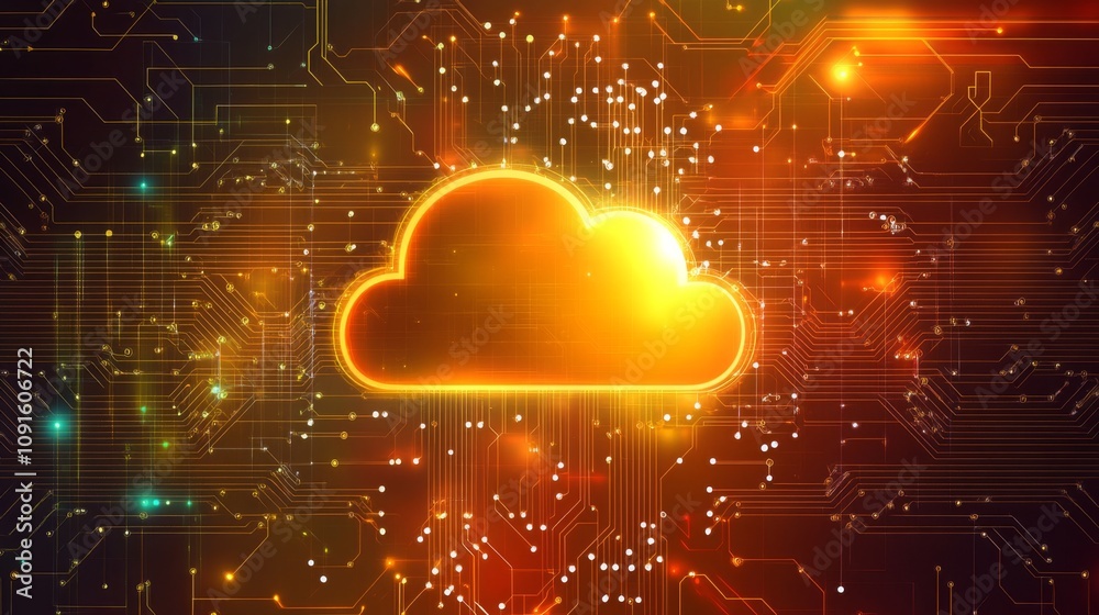 Poster an orange, glowing cloud icon is depicted against a background of intricate circuit board lines.
