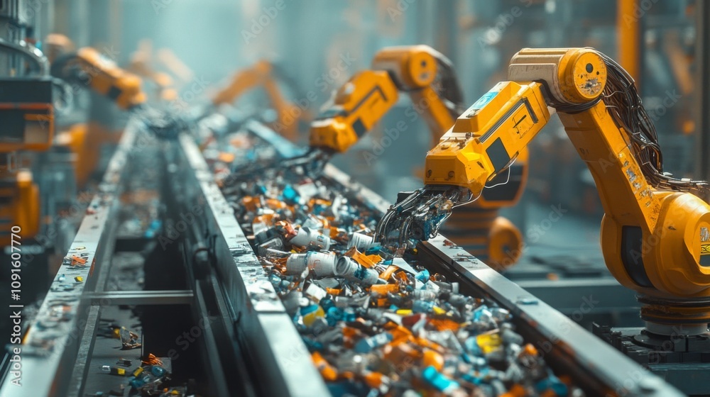 Aufkleber in a high-tech recycling facility, robotic arms efficiently sort through various waste materials on 