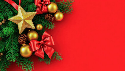 Close-Up of Christmas Tree Branch with Gold Ornaments and Red Bows on Red Background
