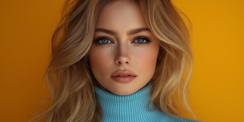 Obraz premium Face of a young woman, professional photograph. Photo in modern style on yellow background