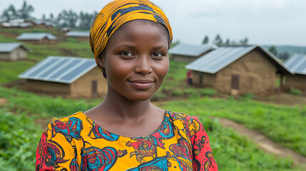 young woman in colorful dress stands proudly in rural area with solar panels