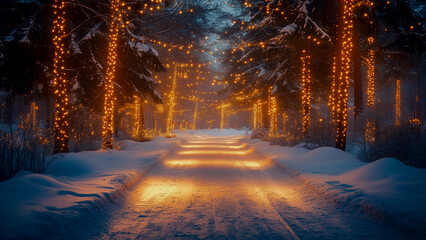 A peaceful winter park with glowing fairy lights and tall pine trees, creating a serene and dreamy atmosphere in twilight.