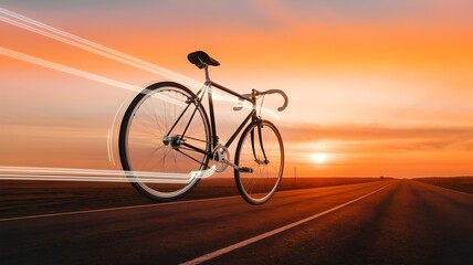 Naklejka premium Bicycle spinning in mid-air with glowing sunset and open road backdrop