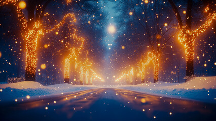 A peaceful winter park with glowing fairy lights and tall pine trees, creating a serene and dreamy atmosphere in twilight.