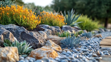 A rock garden with succulents and yellow flowers
