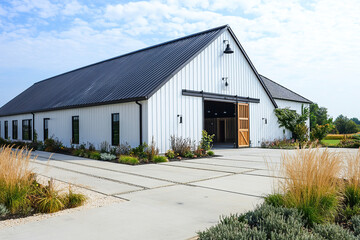 A modern barn with white walls and a black roof, a gray concrete floor, a wooden door, and a modern farmhouse-style architecture. The building has a large open area for events in front.