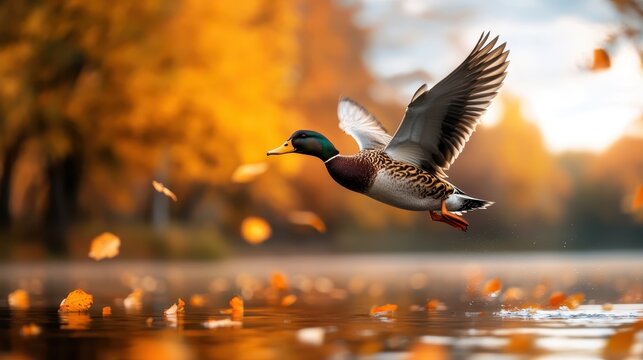A mallard duck soars amidst a breathtaking autumn scenery with vibrant fall leaves reflecting on a placid lake, showcasing the harmony of wildlife and nature.