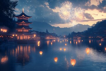 Obraz premium Water lanterns floating on a lake with fireworks in the background near a traditional Chinese pagoda at dusk. Scenic view. Lantern festival and cultural celebration concept for greeting cards and post