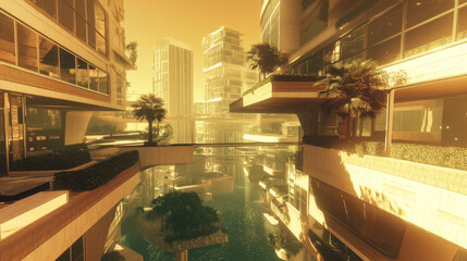 Fototapeta premium Futuristic Cityscape: Floating Buildings, Sustainable Architecture, Golden Hour, 3D Rendering, Urban Design