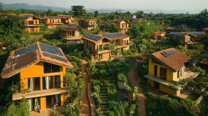 Fototapeta premium Eco-Friendly Village: Sustainable Homes, Solar Panels, Green Landscape
