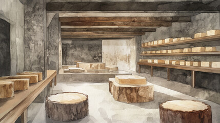 Naklejka premium Watercolor Painting of Artisanal Cheese Aging Room with Aged Cheese Wheels