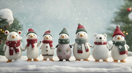 Obraz premium Figures of Whimsical Snowmen in Lines on Snow with Snowy Background