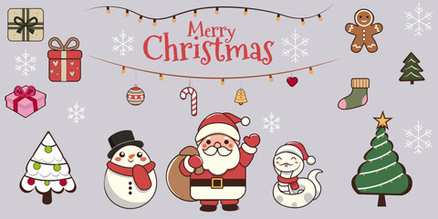Fototapeta premium Christmas set, Santa Claus, Snowman and snake. Gifts, Christmas Tree and christmas elements for design.