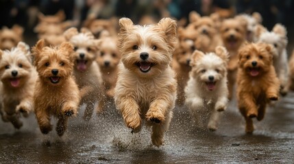 A joyful pack of puppies running through a muddy area