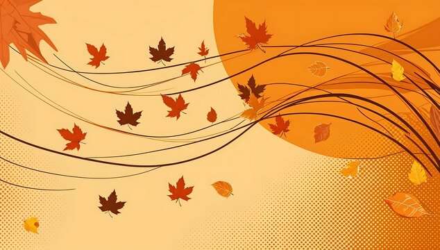 Autumn represented by flowing lines of wind carrying leaves, with a minimal orange and amber scheme