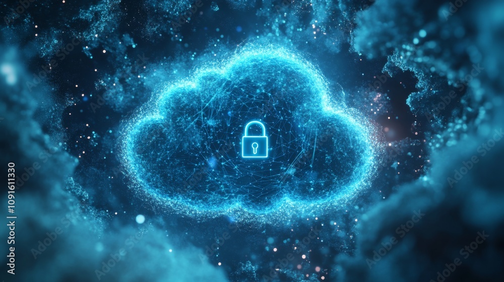 Poster A digital illustration showcases a glowing cloud with a lock symbol inside, symbolizing secure data storage in cloud technology.