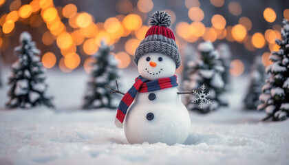 Obraz premium Charming Snowman with Gray Hat, Red-Blue Scarf, and Snowflake Twig in Winter Wonderland