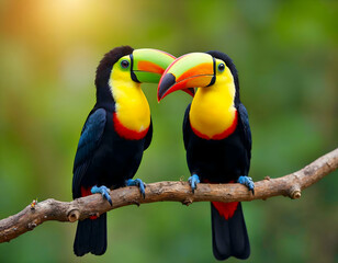 Fototapeta premium Two Vibrant Toucans with Colorful Beaks Perched on a Branch