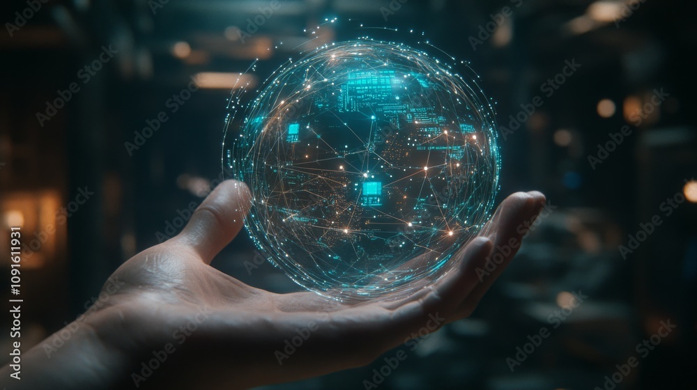 Aufkleber Close-up view of a hand gently holding a translucent sphere illuminated by cyan light. The sphere displays a complex network of interconnected nodes resembling a digital world map.