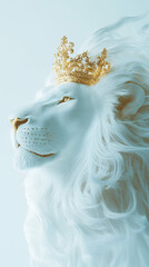 Magnificent royal lion wearing a gold crown. symbolic of regal power and strength. The clean, minimalist setting emphasizes the lions majestic.