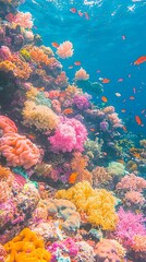 Naklejka premium Vibrant coral reef teeming with colorful marine life.