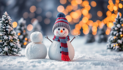 Obraz premium Charming Snowman with Gray Hat, Red-Blue Scarf, and Snowflake Twig in Winter Wonderland