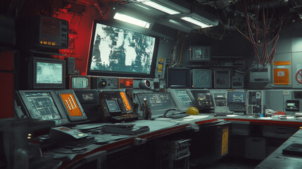 Futuristic Space Station Control Room: Monitors, Technology, Interface, Sci-Fi, Background