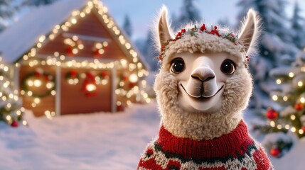 Joyful alpaca wearing a festive Christmas sweater smiles against a snowy backdrop with a charming barn adorned with lights