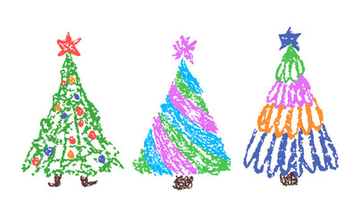 Christmas tree set. Like child's hand drawing crayon or pencil simple naive fir-tree. Kids creativity rough vector doodle funny colorful innocent easy art Cartoon flat bright scribble homemade style 