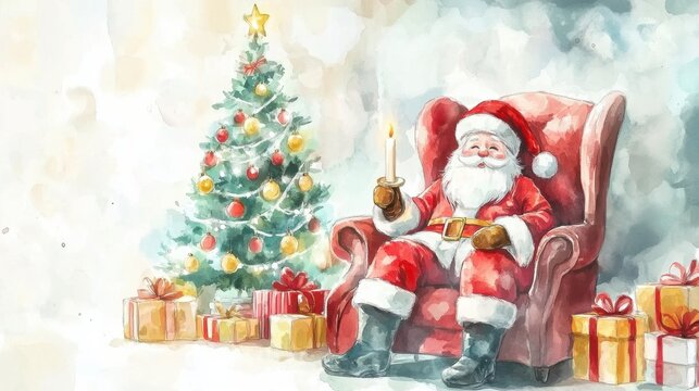 Santa rest in arm chair at home with Christmas decoration.