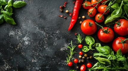 Fresh tomatoes, basil, and chili peppers on dark background