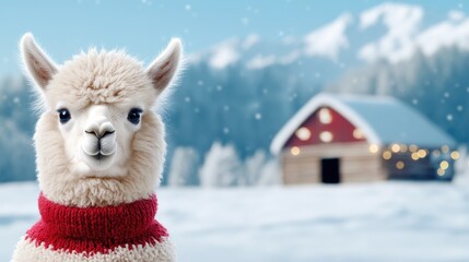 Festive alpaca in a cozy Christmas sweater surrounded by a snowy landscape and a charming barn decorated with lights