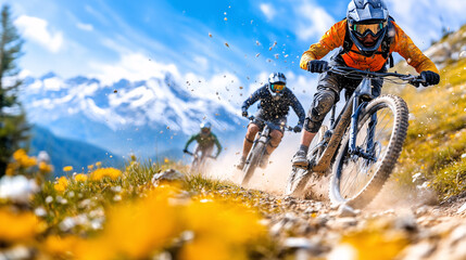 Naklejka premium Three mountain bikers riding on dirt road with high snowy mountain peaks in background during summer day
