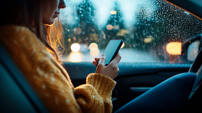 Contemplative Woman in Car Gazing Out Rainy Window