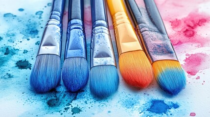 Fototapeta premium A vibrant array of paintbrushes on a colorful watercolor background.