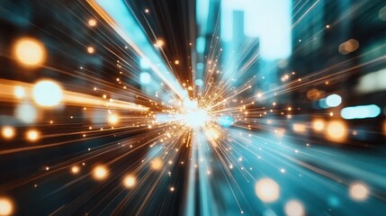 Obraz premium This image captures a dynamic city scene with vibrant lights and motion, creating a captivating display of sparks and speed, embodying urban energy and vibrancy.
