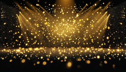 Obraz premium a golden podium towering in the center of the background on which rays of light fall golden particles , sparkling and iridescent