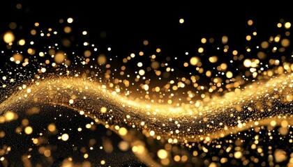 Fototapeta premium a golden trail rushes along the black background, leaving countless golden glows from golden particles