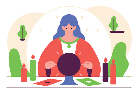 recommend clip art: Fortune teller woman telling the future by palmistry crystal ball and tarot cards vector illustration